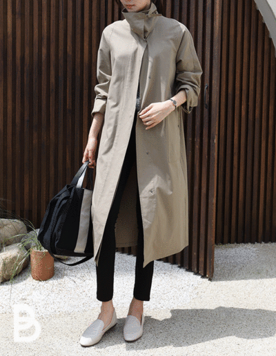 high-neck d-ring trench coat