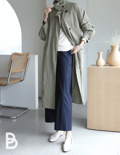 high-neck buttoned trench coat