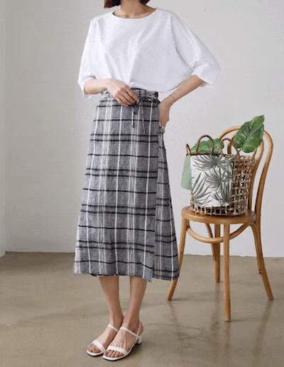 [SALE]linen check wrap skirt